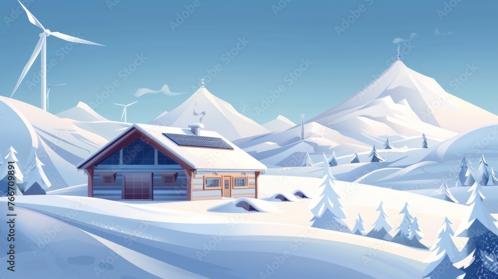 A snowcovered cabin nestled in the mountains powered by a combination of solar panels and wind turbines. . AI generation.