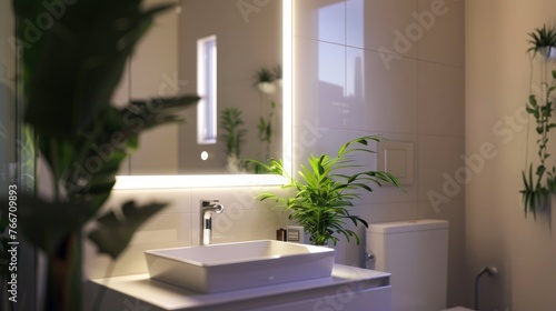 Smart mirror in the bathroom with built-in lighting and Bluetooth connectivity   AI generated illustration