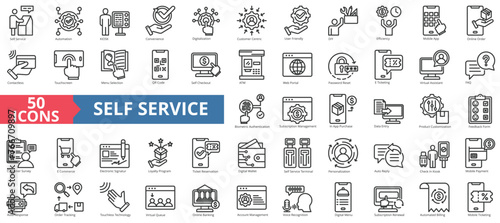Self service icon collection set. Containing automation, kiosk, convenience, digitalization, customer centric, user friendly, diy icon. Simple line vector.