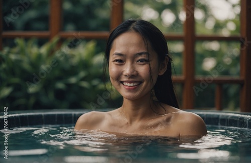 Asian woman relaxing in a hot tub and smiling - she is relaxed and meditative on a retreat or luxury getaway for relaxation