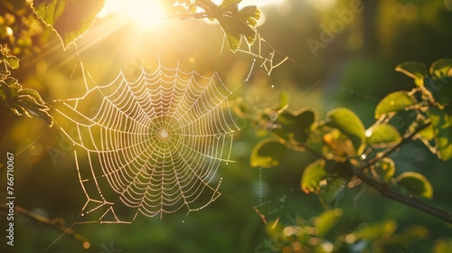 The intricate design of a spiders web in the morning light AI generated illustration