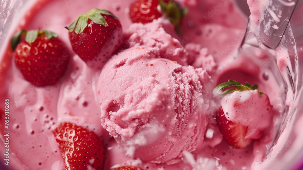 A detailed close-up of a bowl filled with creamy vanilla ice cream topped with fresh red strawberries. A detailed close-up of a bowl filled with creamy vanilla ice cream topped with fresh red strawberries.