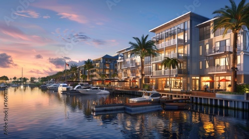 Waterfront Development Professional photographs of waterfront developments and marina communities featuring waterfront dining y AI generated illustration photo