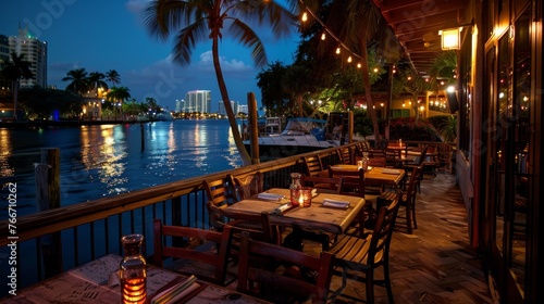 Waterfront Restaurants Professional photographs of waterfront restaurants and dining establishments offering scenic vie AI generated illustration