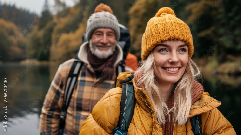 A man and woman smiling while walking on a trail, AI