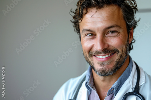 A man with a white coat and a stethoscope is smiling. He looks happy and friendly © Anek