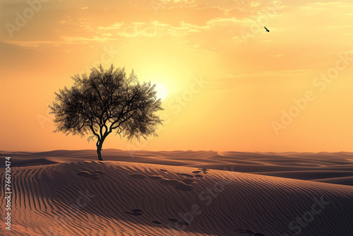 A tree is standing in the desert at sunset. The sky is orange and the sun is setting