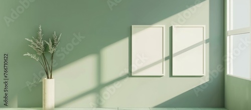 Two empty picture frames hanging on a light green wall, creating a simple and inviting room design perfect for branding and design mockup purposes.