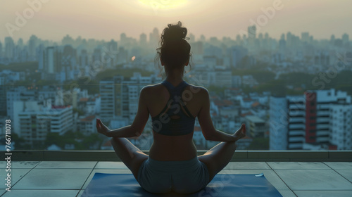A woman practicing yoga on a city rooftop, surrounded by the urban landscape © saulo_arts