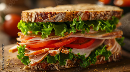 A closeup of a roasted turkey sandwich with layers of lettuce tomato and cheese on rustic bread.