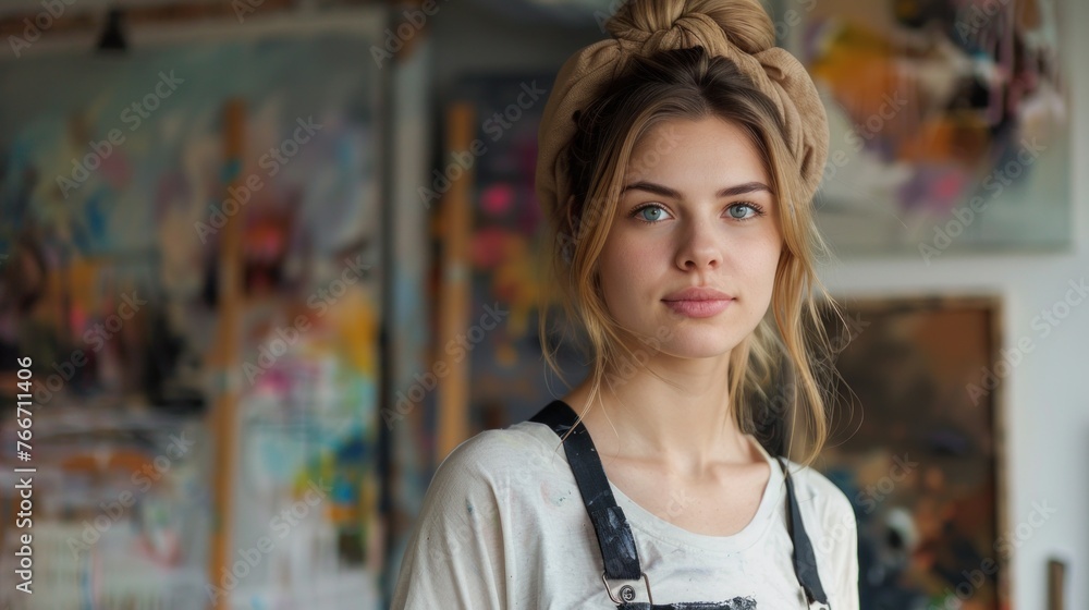 Portrait of a young female house painter posing in a home