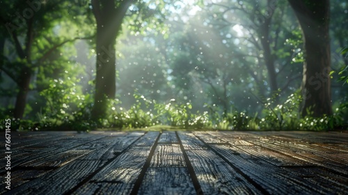 Dark wood floor with background with sunlight and forest 