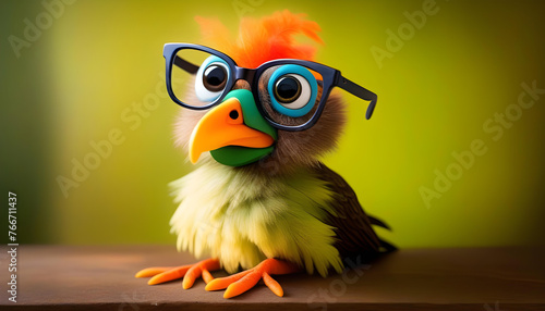A cartoon bird creature with glasses, wearing a Hawaiian shirt and leaning to one side with a confused expression