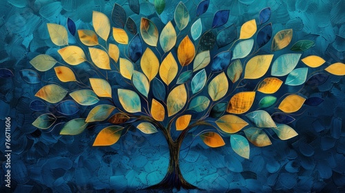 Colorful leaves forming a Tree of Life. Yellow Tree blue abstract background, Dark gold and aquamarine, eco, earthy color palettes, textured illustration.