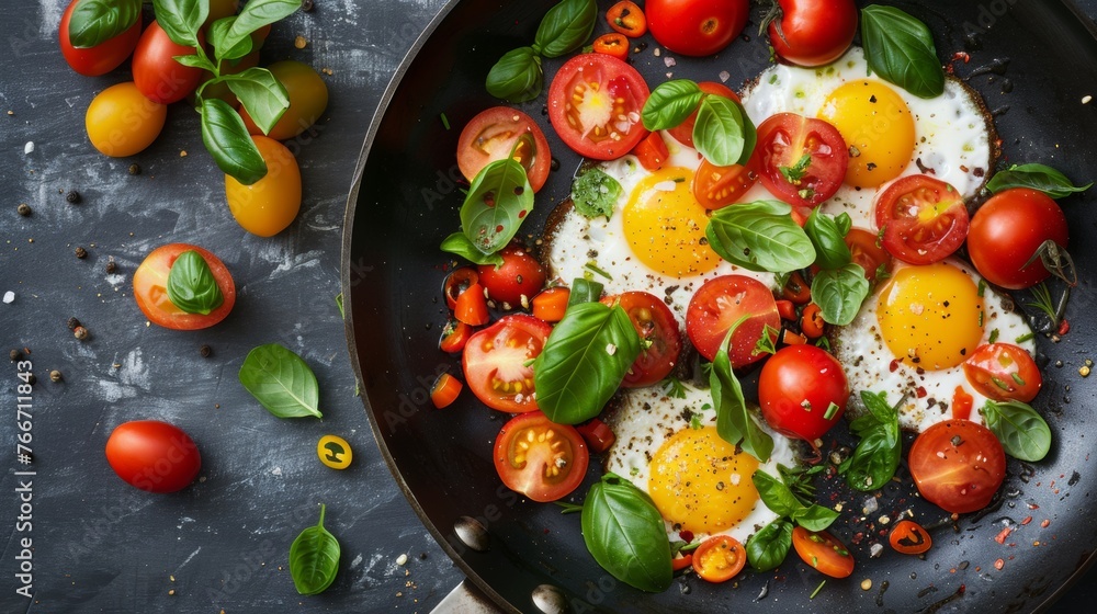 A frying pan with eggs, tomatoes and basil leaves on it, AI A frying pan with eggs, tomatoes and basil leaves on it, AI