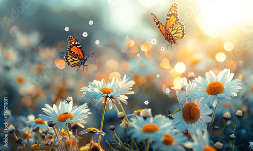 Butterflies over sunlit daisy landscape