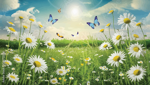 Radiant Meadow Bliss: Dancing Butterflies & Chamomile in Summer Splendor - Vibrant Vector Illustration