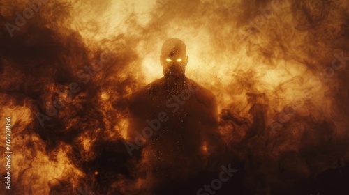The silhouette of a menacing figure emerging from a cloud of ash and smoke their eyes glowing with malicious intent.