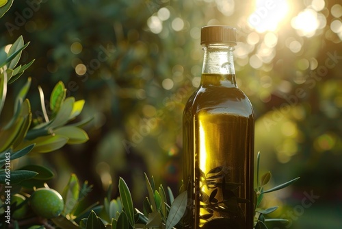 Olive oil bottle among olive branches in sunlight