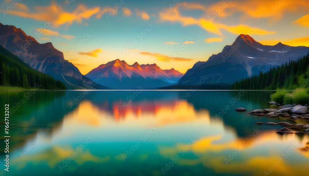 A tranquil lake at sunset with a vibrant sky and mountains in the background
