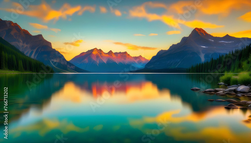 A tranquil lake at sunset with a vibrant sky and mountains in the background