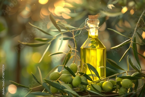Olive oil bottle among olive branches in sunlight