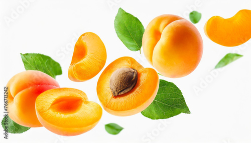 Apricot with half slices apricots falling or flying in the air with green leaves isolated on white background. Generative AI.