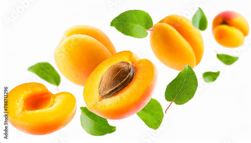 Apricot with half slices apricots falling or flying in the air with green leaves isolated on white background. Generative AI.