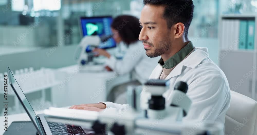 Laptop, man or scientist with microscope or research in lab for a chemistry report or medical test feedback. Bacteria, person typing or science update for online medicine development news on website