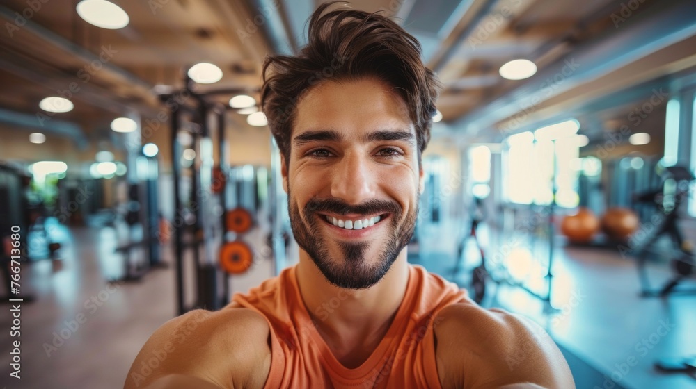 A man smiling in a gym with weights on the floor, AI A man smiling in a gym with weights on the floor, AI