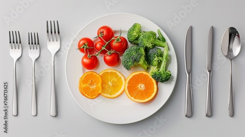 A plate of vegetables and fruit on a white table with silverware, AI