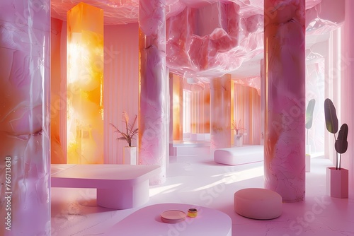 a room with a pink and white room and furniture, in the style of realistic anamorphic art, light purple and amber, reimagined by industrial light and magic, columns and totems, mundane materials,  photo