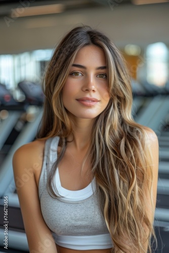 A woman with long hair posing for a picture on the treadmill, AI