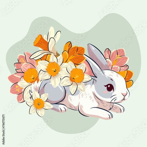Uroczy królik, żonkile i krokusy. Bukiet wiosennych kwiatów i słodki zwierzak na jasnym tle. Wiosenna ilustracja wektorowa.
