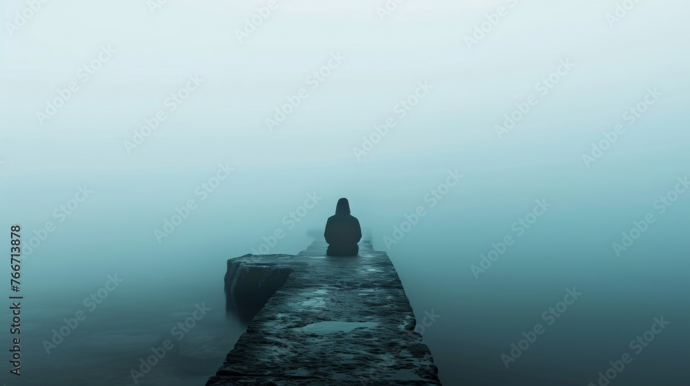 Naklejka premium A person sitting on a pier in the middle of fog, AI