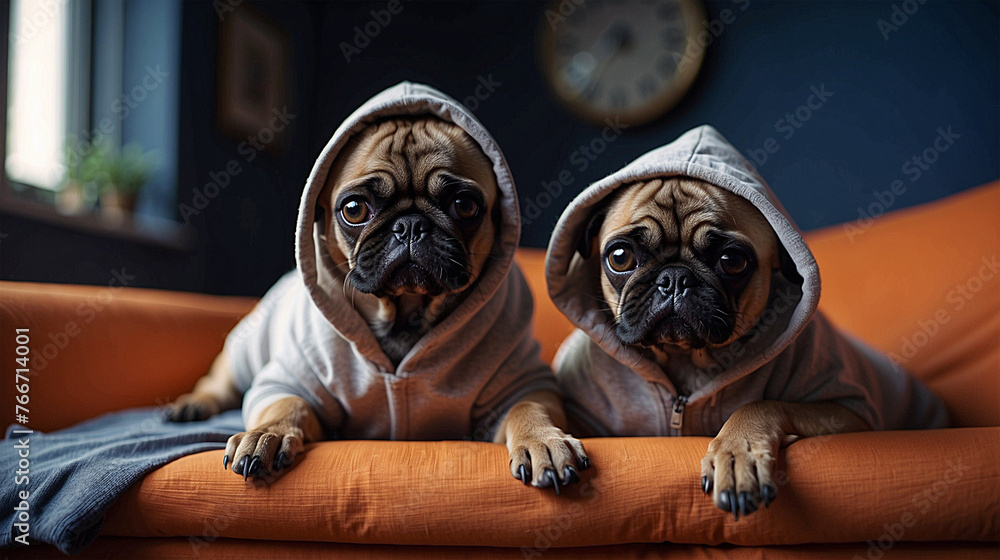 pugs in hooded clothes sitting on an orange sofa - obrazy, fototapety, plakaty 