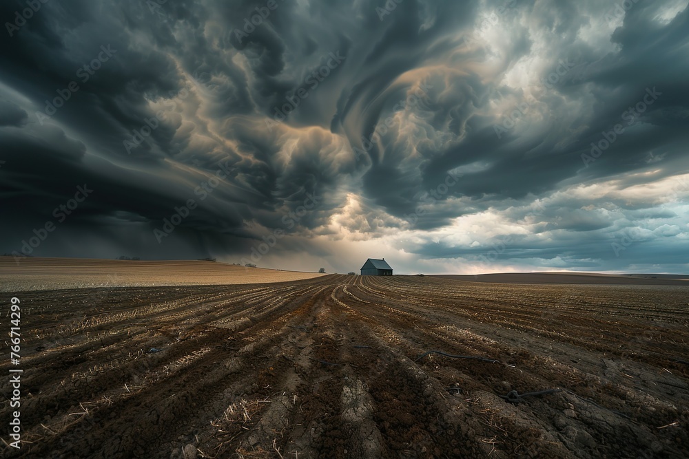 Fototapeta premium Storm clouds gathering over a vast farmland.