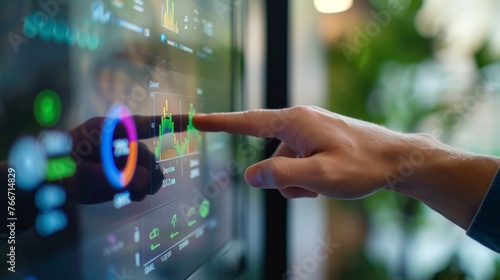 A hand reaches in to swipe a sleek touchscreen interface on a home energy storage unit showing a graph of energy production and consumption . AI generation.
