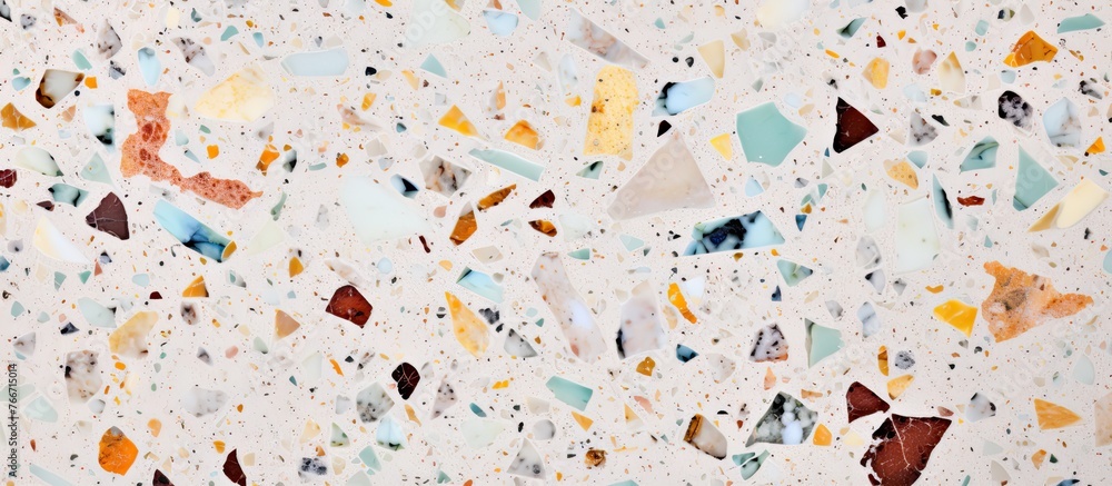 White flooring surface adorned with an assortment of multicolored glass fragments creating a vibrant and unique pattern