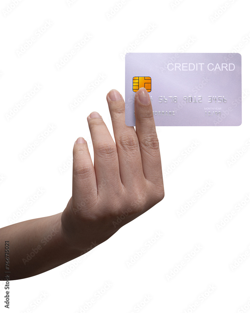 The man's hand holds a silver platinum credit card isolated on white background.. The man's hand holds a silver platinum credit card isolated on white background..