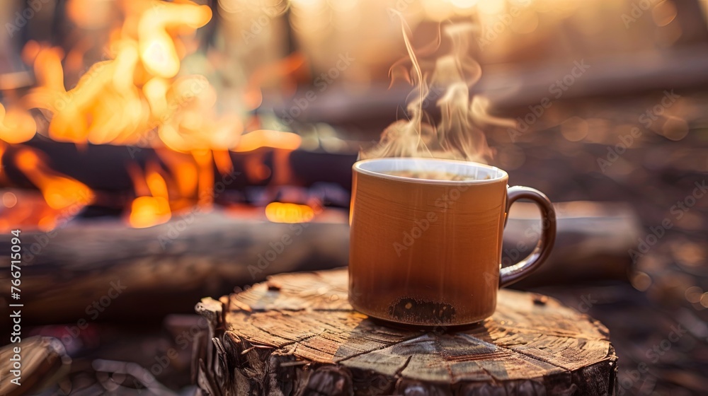 Two cup of tea coffee mug standing front of bonfire wallpaper background - obrazy, fototapety, plakaty 