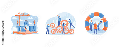 Communicate and work together. People work together to get good results. Solving problems together. Team Building concept. Set flat vector illustration.