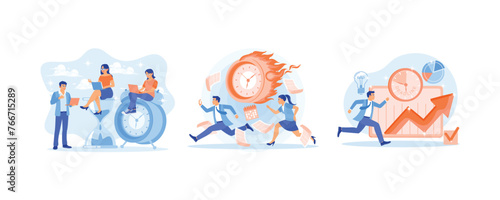 Time management and business planning. Employees work in a hurry. Business people try to complete work on time. Deadline concept. Set flat vector illustration.