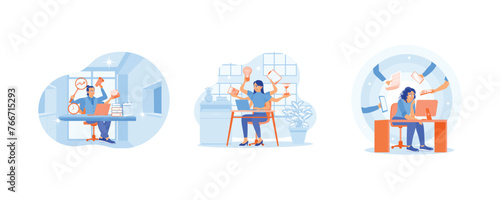 Complete work simultaneously. Business people manage time and work. Lots of work in the office. Multitasking concept. Set flat vector illustration.