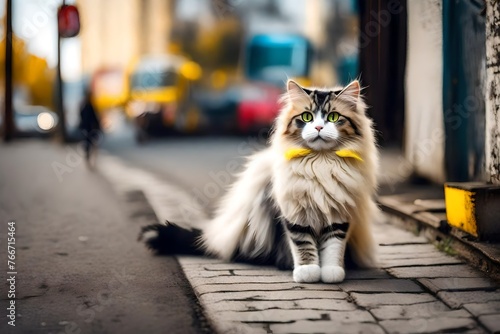 On the urban road there sits a fluffy cat without a home adorned with a coat of black and white fur and sporting vibrant yellow eyes © MISHAL