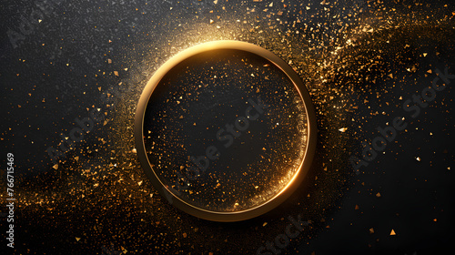 A circular golden sparkly element in the center of the image, with a dark background and speckles of light in various shades of gold.