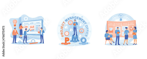 Teamwork communication process. Manager organizing work in the office. Moves the cards on the electronic Kanban task board. Project Management concept. Set flat vector illustration.