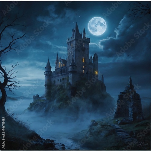 Enter mystical realm: AI artwork unveils haunted ancient castle in moonlight