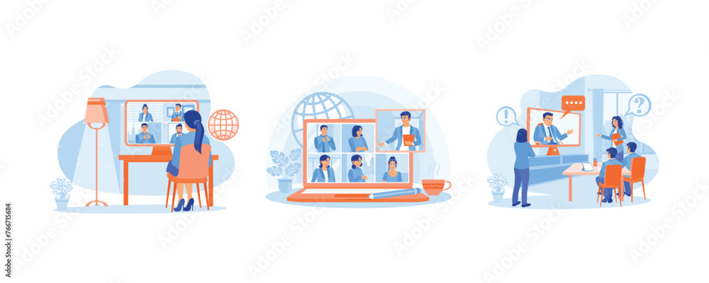 A group of people communicate online. Work remotely from anywhere. Job consulting and training concept. Video conference concept. Set flat vector illustration.