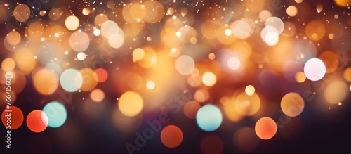 A blurry macro photography of Christmas lights creating a mesmerizing pattern of Amber, Magenta, and Peach tints and shades on a dark background